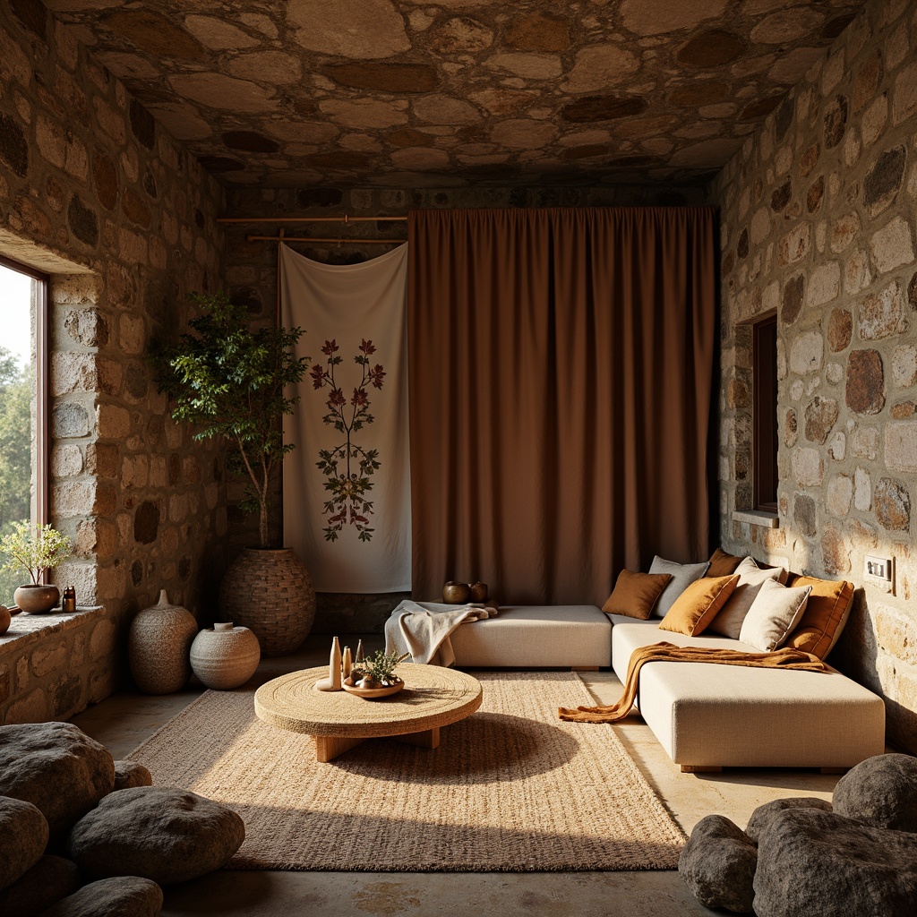 Prompt: Rustic stone walls, weathered rocky textures, earthy brown colors, soft fabric draping, velvet smoothness, intricate embroidery patterns, natural linen fabrics, woven basketry details, organic shapes, moss-covered stones, aged wooden accents, warm golden lighting, shallow depth of field, 1/1 composition, realistic normal mapping, ambient occlusion.