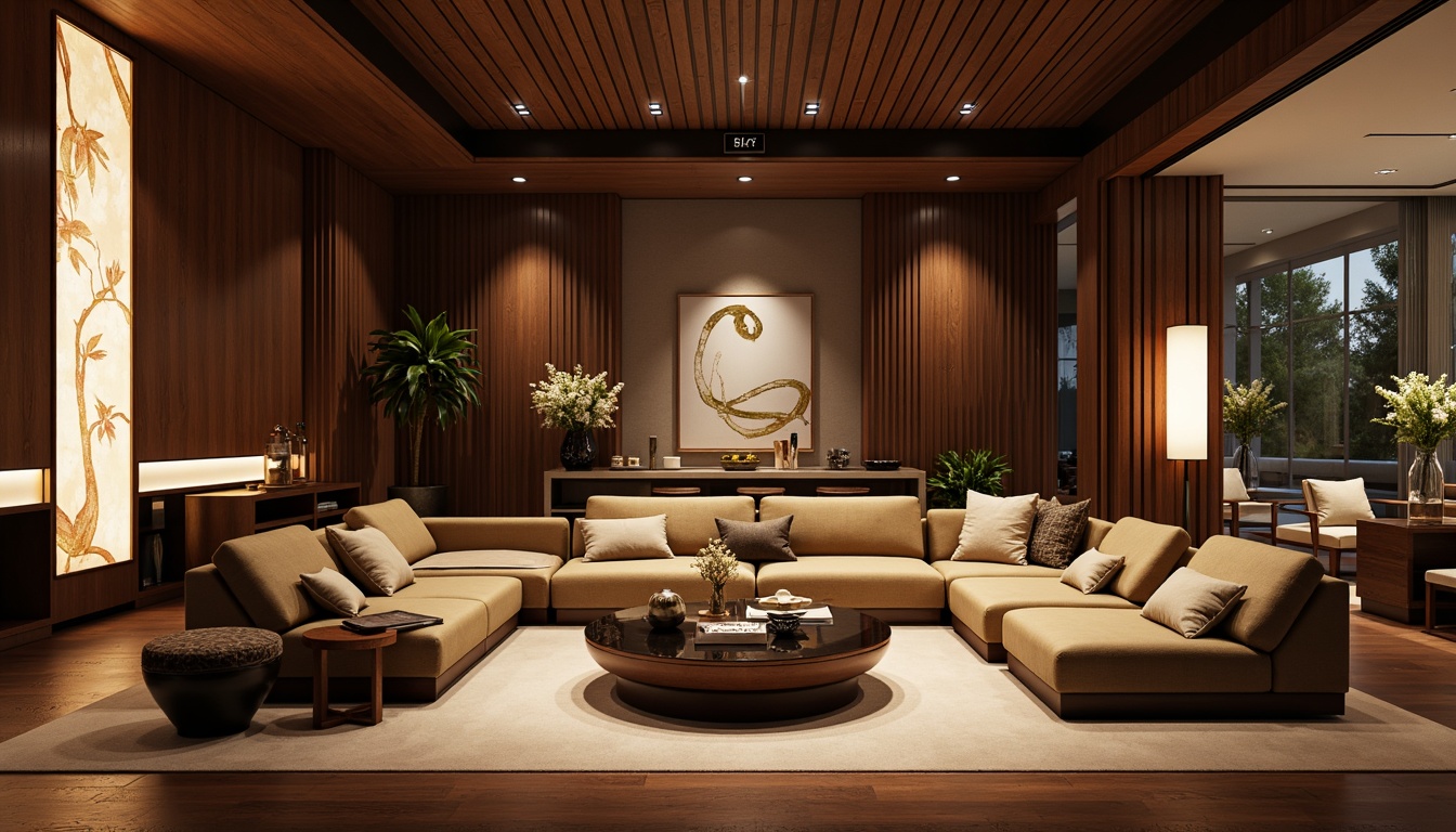 Prompt: Luxurious modern interior, streamlined furniture, high-gloss wood surfaces, polished chrome accents, velvety soft upholstery, rich leather textures, metallic sheen, sophisticated color palette, warm ambient lighting, subtle shading, 1/1 composition, shallow depth of field, realistic reflections, minimalist decor, sleek lines, geometric patterns, futuristic ambiance.