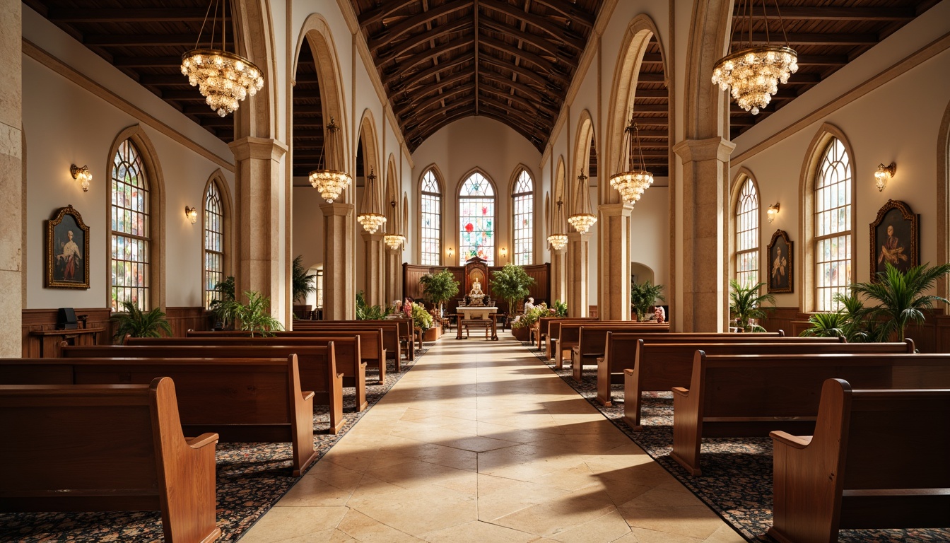 Prompt: Elegant church interior, warm beige stone flooring, rich wood accents, stained glass windows, vaulted ceilings, ornate chandeliers, soft warm lighting, traditional pews, neutral color palette, sophisticated furnishings, subtle patterned rugs, luxurious high-pile carpeting, polished metal fixtures, classic architectural details, serene atmosphere, natural textures, 1/1 composition, shallow depth of field, realistic reflections.