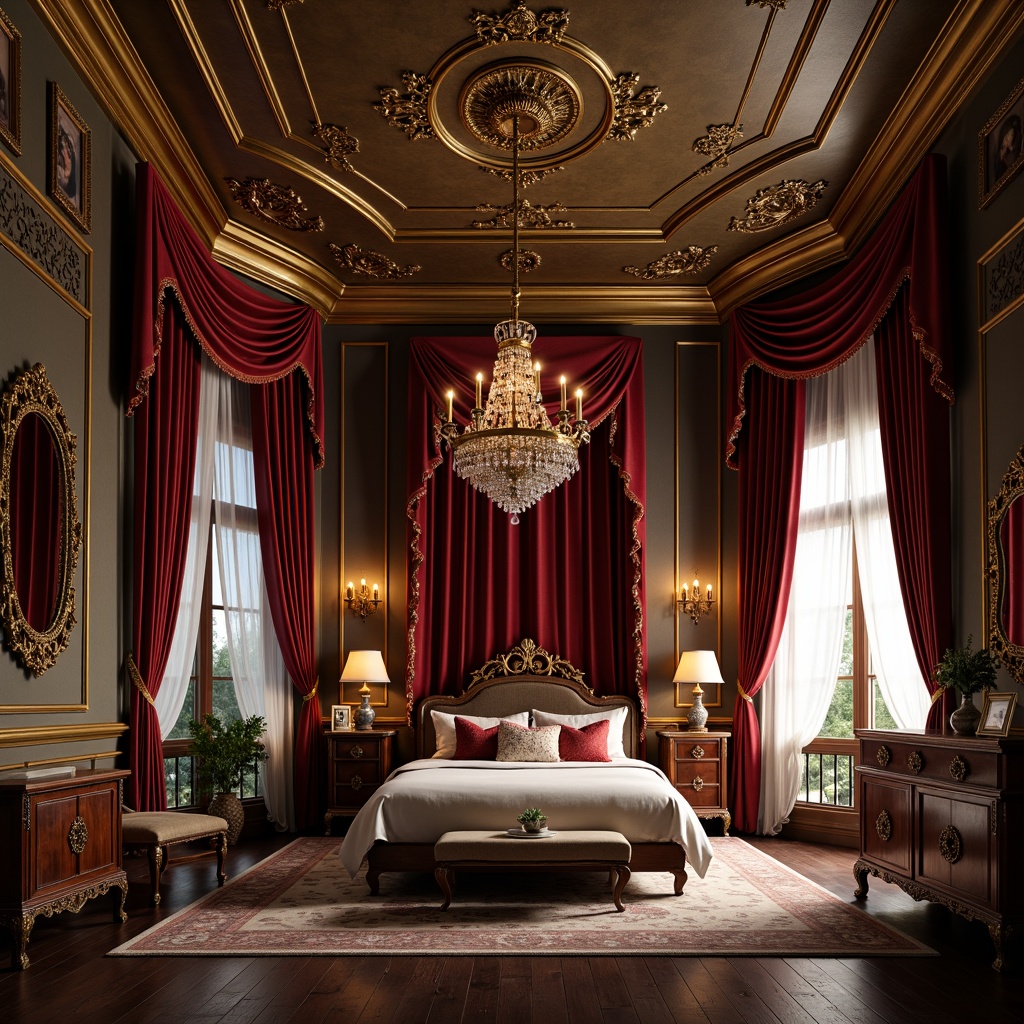 Prompt: Luxurious bedroom, rich velvet drapes, golden ornate frames, intricately carved wooden furniture, plush soft cushions, lavish crystal chandeliers, grandiose mirrors, ornate metalwork, decorative frescoes, high ceilings, opulent fabrics, subtle warm lighting, dramatic shadows, 1/1 composition, shallow depth of field, realistic textures, ambient occlusion.