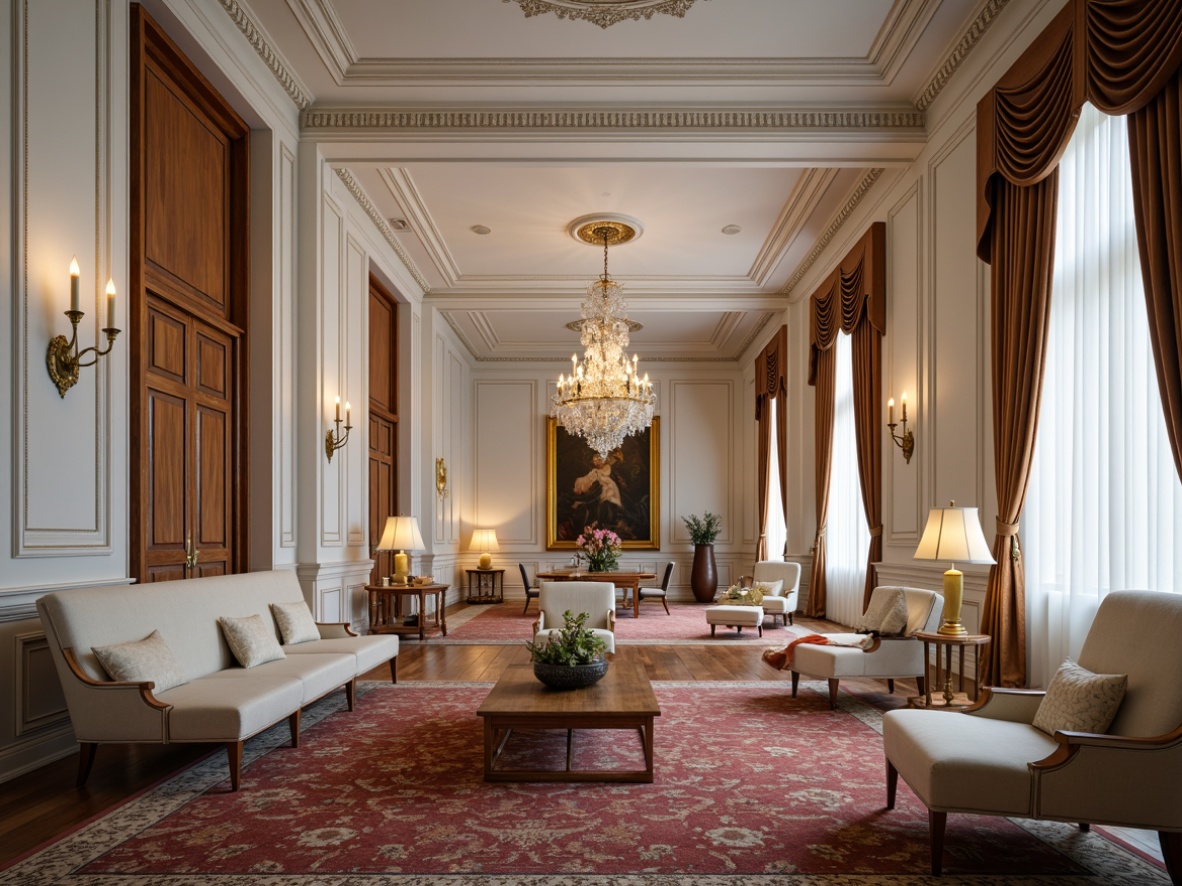 Prompt: Elegant neoclassical interior, ornate molding details, white marble columns, intricately carved wooden panels, gilded frames, luxurious fabrics, velvety soft furnishings, crystal chandeliers, richly patterned rugs, subtle warm lighting, shallow depth of field, 1/2 composition, symmetrical arrangement, opulent textures, ambient occlusion.