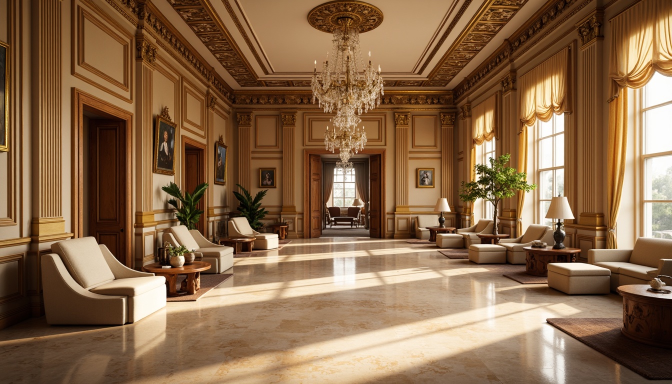 Prompt: Opulent neoclassical interior, rich wood tones, gilded accents, ornate moldings, soft cream walls, warm beige marble floors, elegant crystal chandeliers, luxurious velvet fabrics, subtle golden lighting, shallow depth of field, 3/4 composition, realistic textures, ambient occlusion.