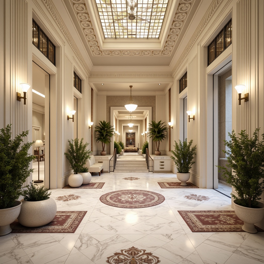 Prompt: Elegant neoclassical interior, marble flooring, subtle veining, high-gloss finish, ornate patterns, intricate mosaics, creamy white tones, soft warm lighting, traditional herringbone layout, luxurious area rugs, richly textured carpets, velvet-soft pile, subtle sheen, ornamental borders, classical motifs, symmetrical composition, harmonious color palette.