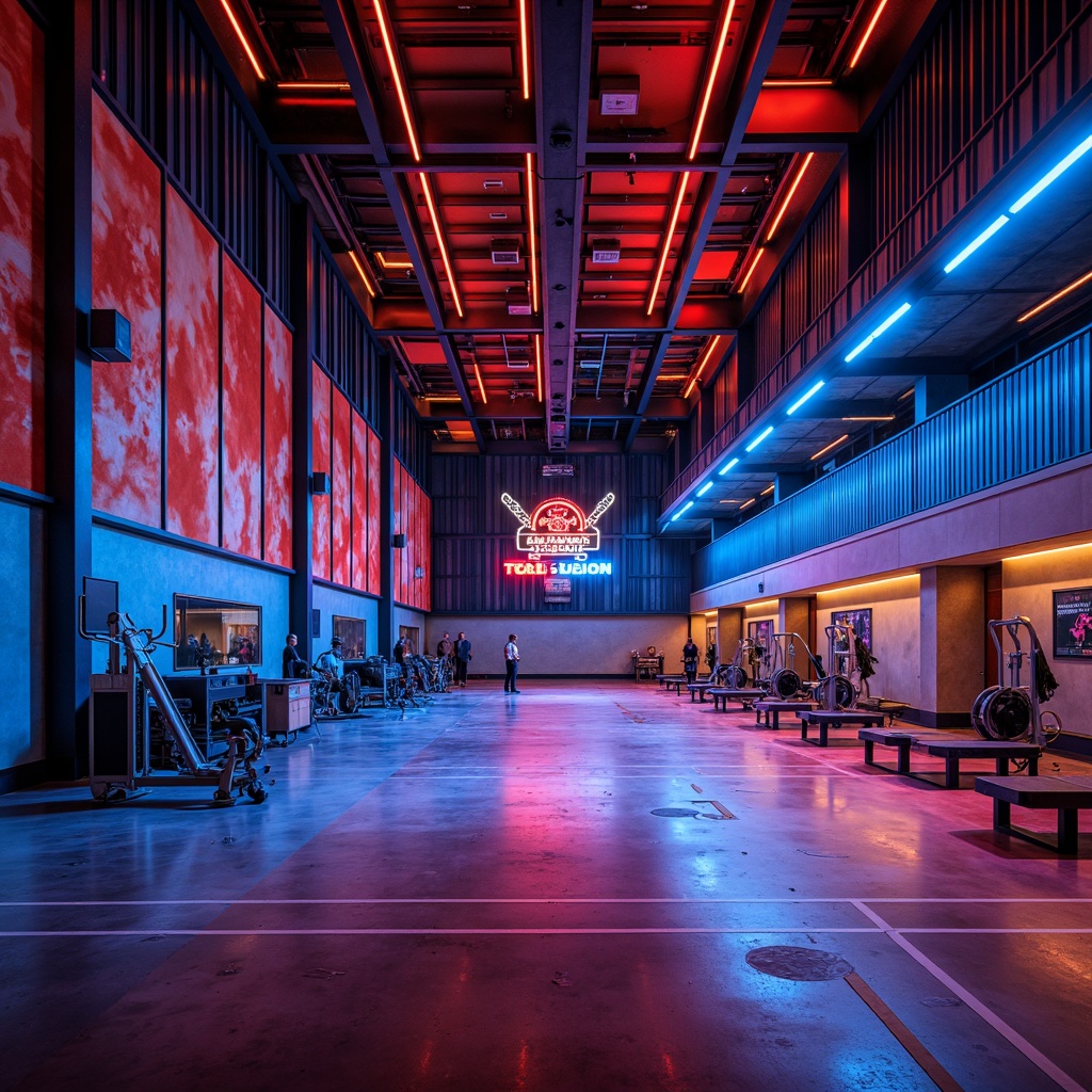 Prompt: Gymnasium interior, postmodernist architecture, vibrant color accents, neon light installations, bold geometric shapes, abstract patterns, metallic materials, industrial textures, dramatic high-contrast lighting, warm ambient glow, cool blue undertones, spotlights on athletic equipment, softbox lights on walls, LED strips under benches, dynamic shadowing, 1/2 composition, wide-angle lens, shallow depth of field, realistic reflections.