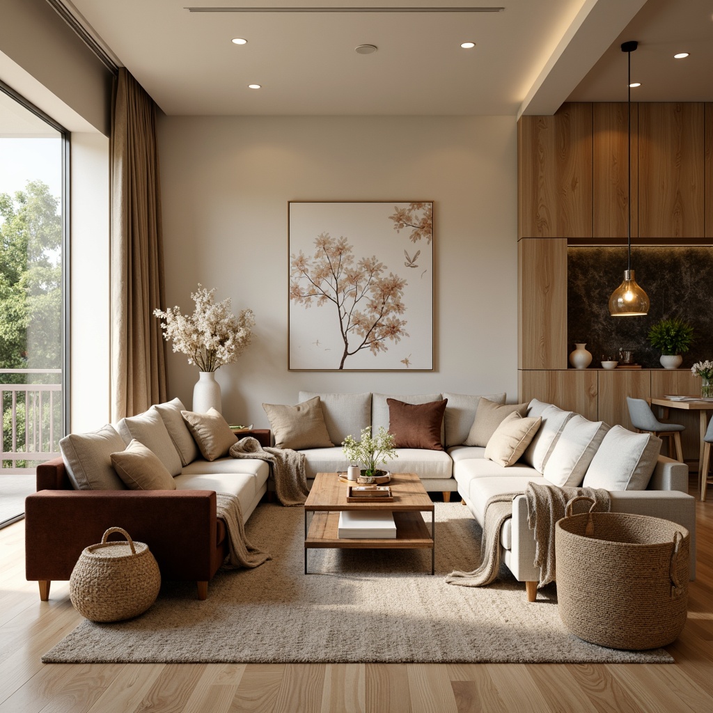 Prompt: Cozy living room, plush sofas, velvet armchairs, wooden coffee tables, woven baskets, soft cushions, throw blankets, floor lamps, modern minimalist decor, natural wood flooring, large windows, warm beige walls, elegant ceiling lights, relaxed atmosphere, intimate gathering space, comfortable conversation pit, rustic wooden accents, soft pastel colors, subtle textures, 1/2 composition, warm softbox lighting, realistic fabric rendering.