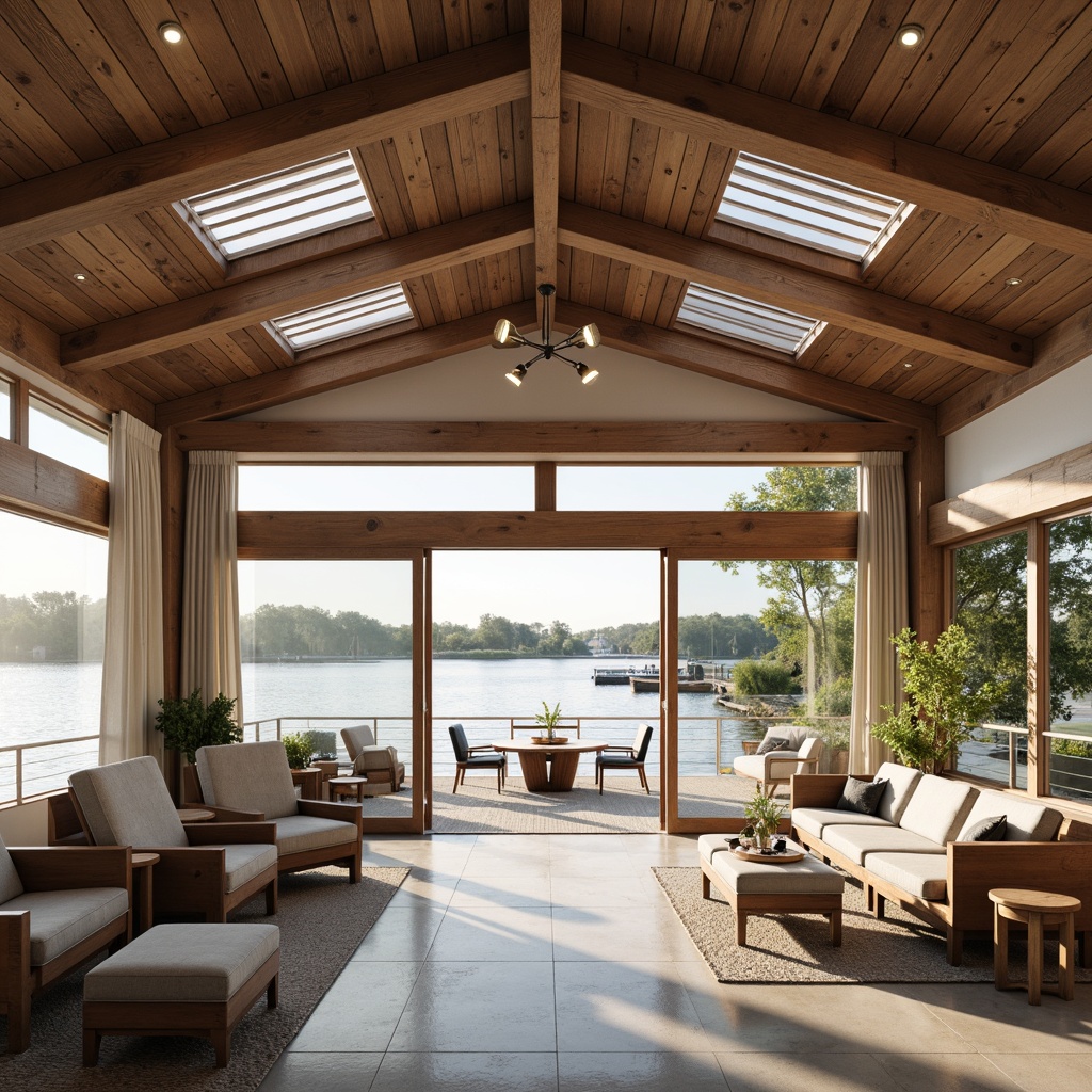 Prompt: Waterfront boathouse, rustic wooden accents, nautical themed decor, floor-to-ceiling windows, sliding glass doors, skylights, clerestory windows, reflective water views, natural stone floors, reclaimed wood beams, minimal obstruction layout, airy open spaces, sheer curtains, light-colored interior walls, polished metal fixtures, modern pendant lighting, soft warm glow, 1/1 composition, shallow depth of field, panoramic view, realistic textures, ambient occlusion.