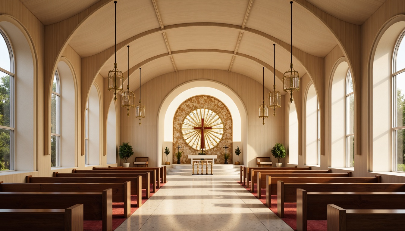 Prompt: Minimalist worship space, curved lines, rounded arches, polished marble floors, warm beige walls, stained glass windows, intricate metalwork details, ornate wooden pews, subtle ambient lighting, soft cream-colored ceilings, modern minimalist chandeliers, sleek metal accents, natural stone altars, plush crimson carpets, elegant golden fixtures, sacred symbols, subtle texture overlays, 1/1 composition, soft focus blur, warm color grading.