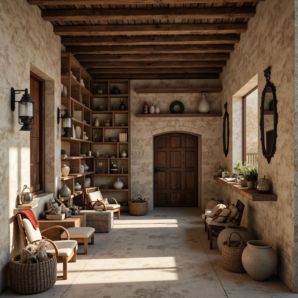 Prompt: Rustic storage room, distressed stone walls, reclaimed wood shelves, vintage metal lanterns, earthy color palette, natural textiles, woven baskets, ceramic vases, soft warm lighting, shallow depth of field, 1/1 composition, cozy atmosphere, rustic wooden crates, old doors, decorative ironwork, ornate mirrors, soft pastel colors, subtle texture overlays, ambient occlusion.