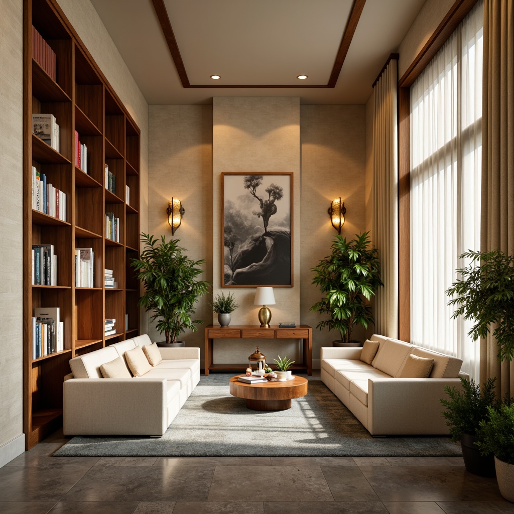 Prompt: Warm beige walls, rich walnut wood accents, comfortable plush furniture, soft cream-colored bookshelves, elegant bronze lighting fixtures, subtle grey-blue carpeting, cozy reading nooks, natural stone flooring, calming greenery, abundant daylight, warm golden lighting, shallow depth of field, 1/1 composition, realistic textures, ambient occlusion.