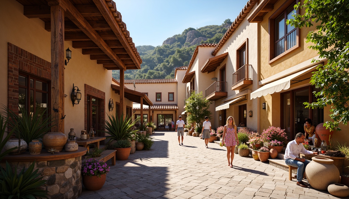 Prompt: Vibrant village, traditional architecture, rustic stone walls, wooden accents, earthy tone colors, terracotta roofs, ornate metalwork, colorful ceramics, lively market scenes, warm sunny day, soft natural lighting, shallow depth of field, 1/1 composition, intimate close-ups, realistic textures, ambient occlusion.