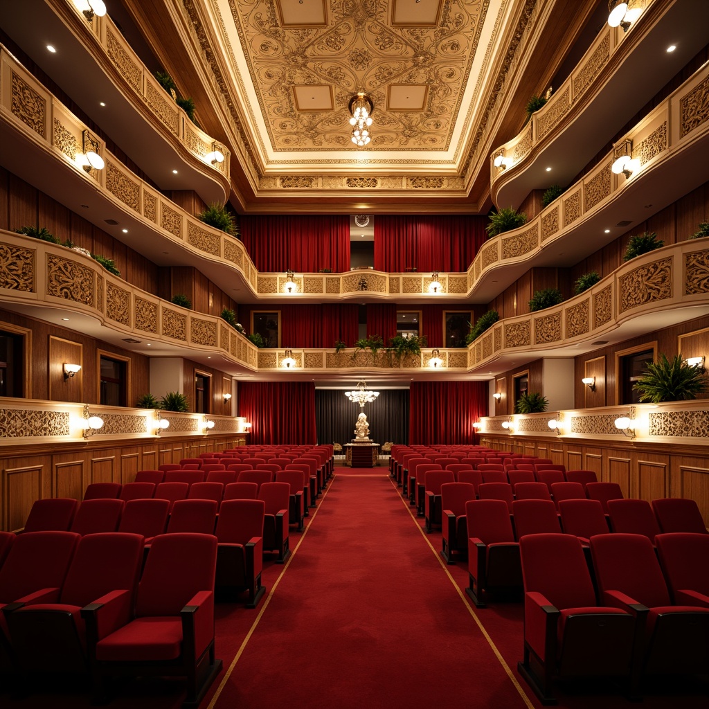 Prompt: Elegant auditorium, plush red velvet seats, ornate golden balconies, intricately carved wooden decorations, majestic high ceilings, crystal chandeliers, refined classicism style, opulent drapery, luxurious fabrics, subtle warm lighting, soft focus, shallow depth of field, 1/2 composition, symmetrical framing, realistic textures, ambient occlusion.