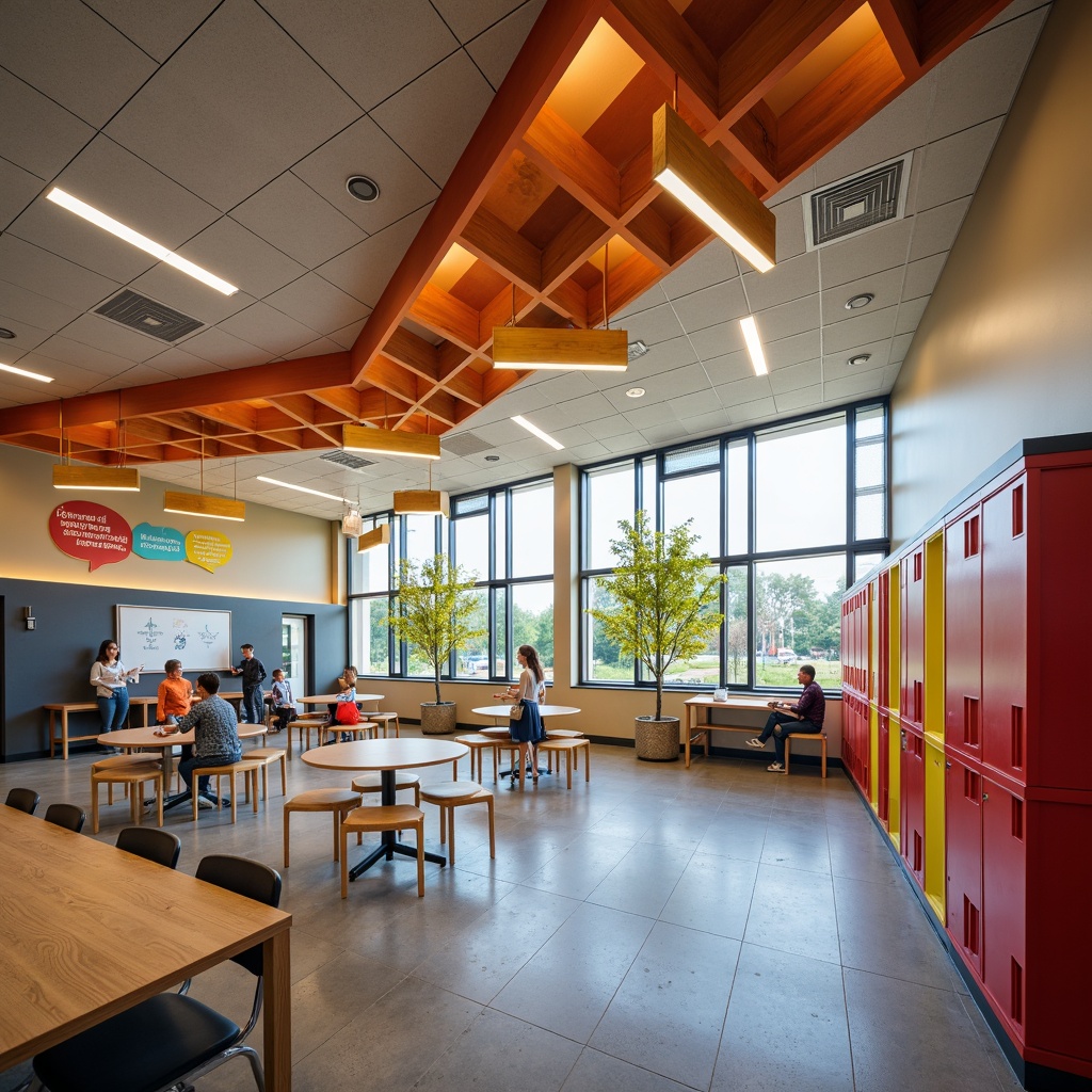 Prompt: Vibrant high school interior, natural daylight, warm wood accents, suspended pendant lights, modern LED fixtures, soft ambient glow, colorful lockers, collaborative learning spaces, flexible seating arrangements, interactive whiteboards, motivational quotes, dynamic ceiling patterns, subtle color temperature transitions, 1/1 composition, shallow depth of field, realistic textures, ambient occlusion.