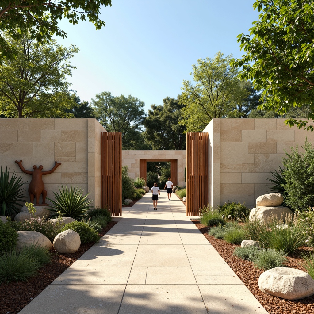 Prompt: Vibrant zoo entrance, natural stone walls, rustic wooden gates, lush greenery, exotic plants, playful animal sculptures, minimalist decor, neutral beige tones, earthy brown accents, sky blue highlights, soft warm lighting, shallow depth of field, 3/4 composition, panoramic view, realistic textures, ambient occlusion.