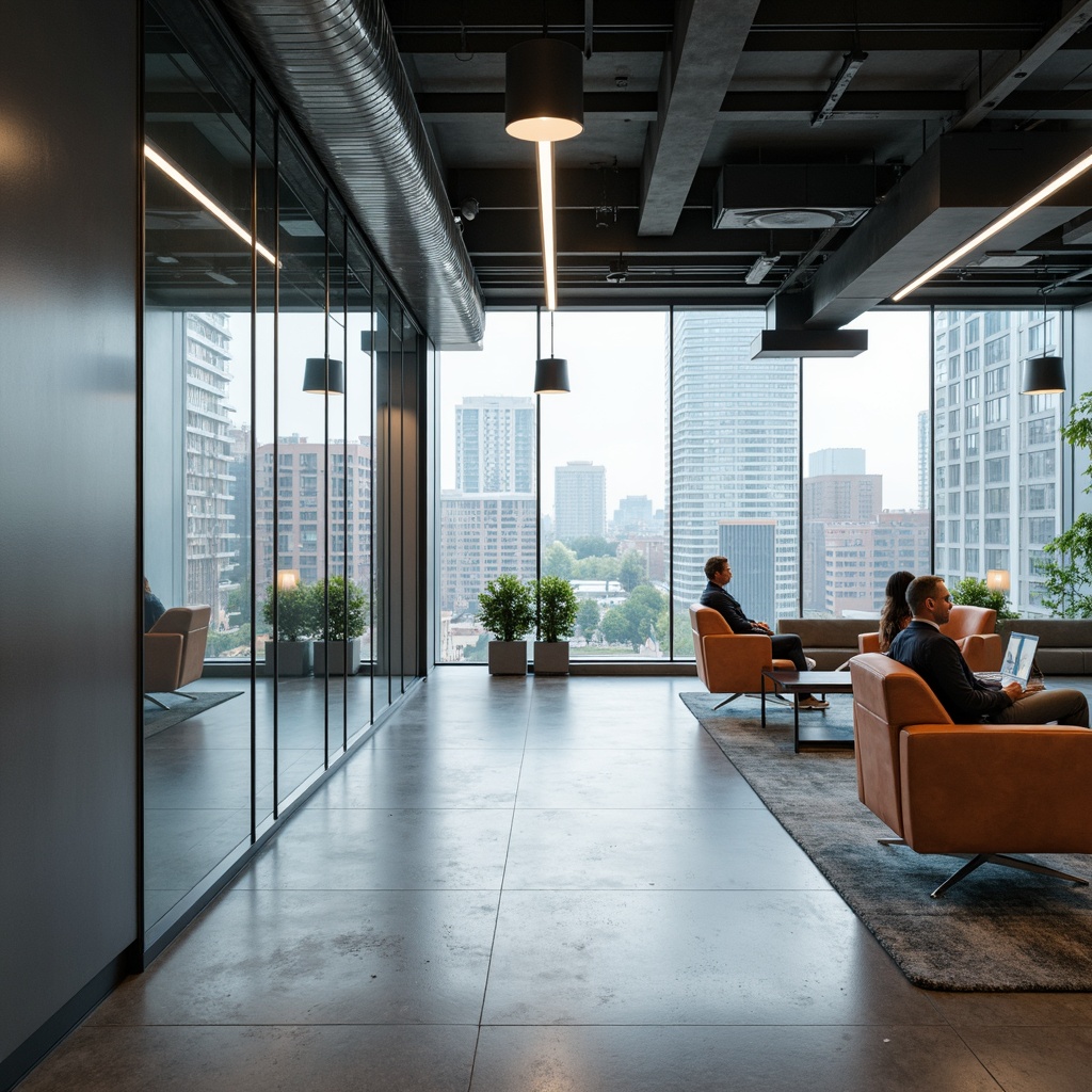 Prompt: Minimalist interior, sleek glass walls, transparent partitions, natural light diffusion, modern office spaces, collaborative work environments, polished concrete floors, industrial-chic decor, exposed ductwork, urban cityscape views, floor-to-ceiling windows, neutral color palette, ambient lighting, 1/1 composition, shallow depth of field, realistic reflections.