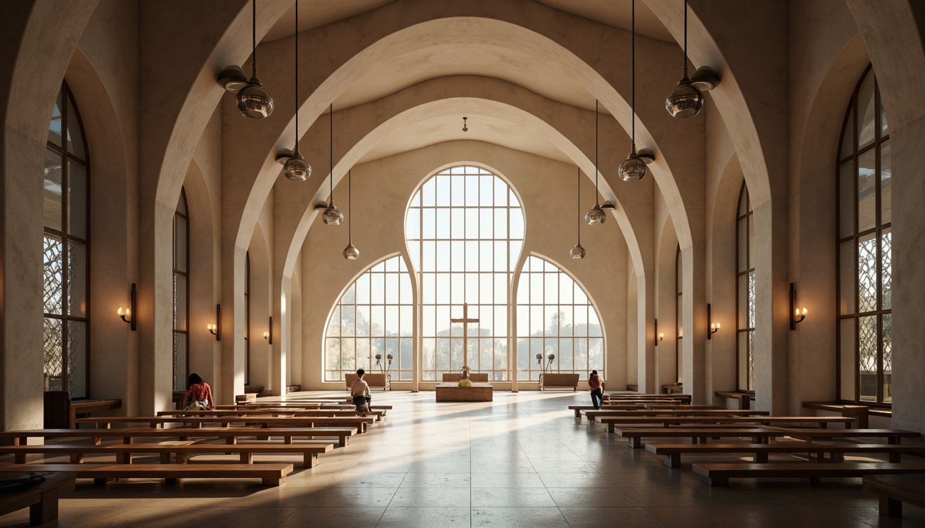 Prompt: Minimalist chapel, curved lines, smooth surfaces, polished chrome fixtures, suspended lanterns, geometric patterns, stained glass windows, vaulted ceilings, marble floors, subtle lighting, warm ambient glow, soft shadows, atmospheric mist, 1/1 composition, symmetrical framing, realistic textures, intricate details, subtle reflections.