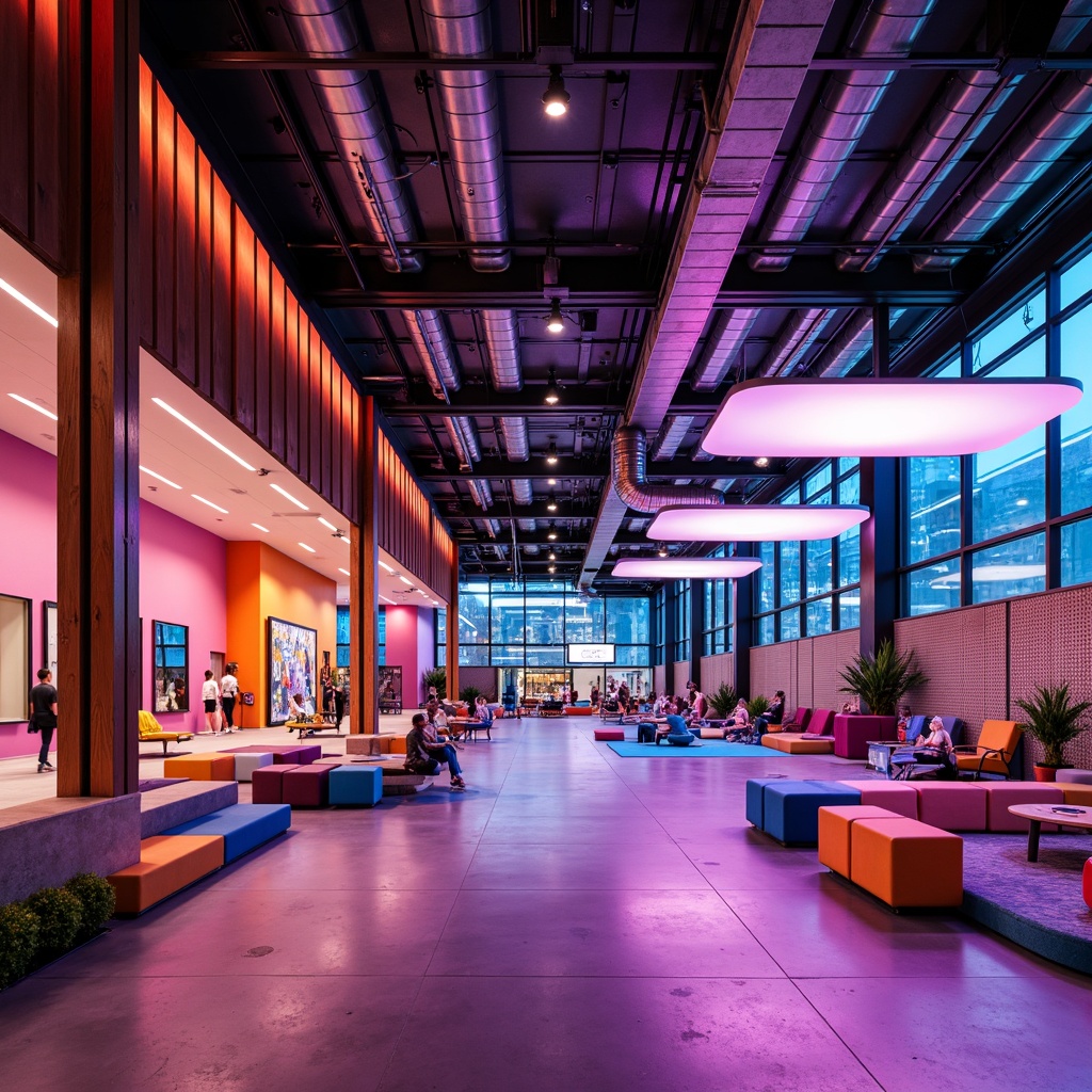 Prompt: Vibrant gymnasium interior, bold postmodern architecture, exposed ductwork, industrial metal beams, reclaimed wood accents, abstract geometric shapes, neon color scheme, avant-garde furniture design, curvaceous exercise equipment, futuristic lighting fixtures, transparent glass partitions, brutalist concrete walls, dynamic spatial arrangements, playful typography, eclectic pattern mixology, retro-futuristic decor elements, high-contrast color blocking, dramatic shadow play, 2.5D composition, cinematic camera angles, realistic material reflections.