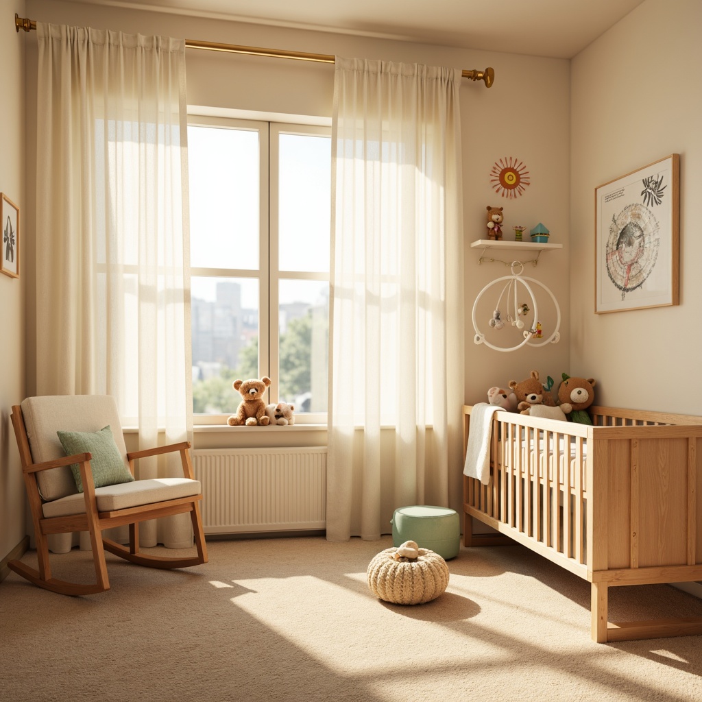 Prompt: Soft warm lighting, cream-colored walls, plush toys, wooden crib, gentle fabric drapes, pastel colors, sweet nursery rhymes, baby blocks, stuffed animals, rocking chair, comfortable reading nook, warm beige carpet, subtle texture patterns, delicate mobiles, soothing ambient sounds, 1/1 composition, shallow depth of field, soft focus, warm color temperature.