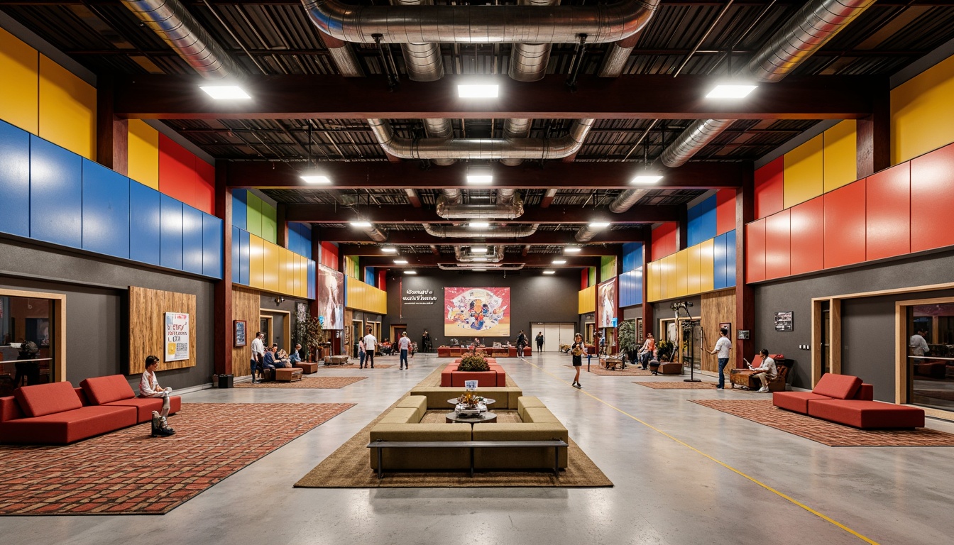 Prompt: Vibrant gymnasium interior, postmodernist architecture style, bold color blocking, exposed ductwork, polished concrete floors, industrial metal beams, reclaimed wood accents, geometric patterned carpets, abstract artwork, neon signage, atmospheric lighting, shallow depth of field, 1/1 composition, realistic textures, ambient occlusion, rusty metallic tones, distressed finishes, eclectic furniture arrangements, oversized athletic equipment displays, dynamic shadows, warm color palette.