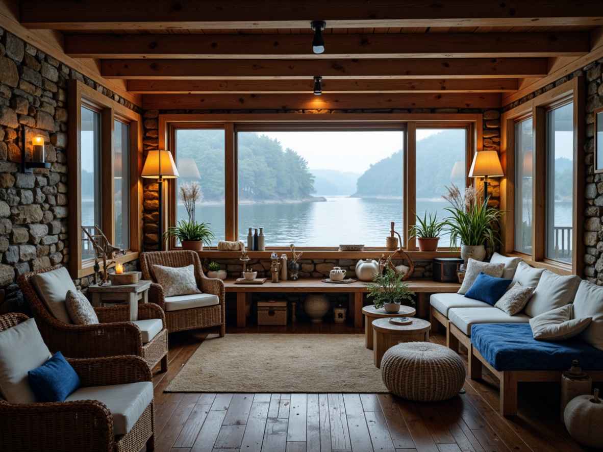 Prompt: Cozy boathouse interior, warm wooden accents, nautical blue and white hues, rustic rope details, vintage sailing equipment, distressed wood textures, soft candlelight, natural stone walls, plush throw blankets, woven wicker furniture, earthy brown tones, tranquil lake views, misty morning atmosphere, shallow depth of field, 1/2 composition, warm color grading, realistic reflections.