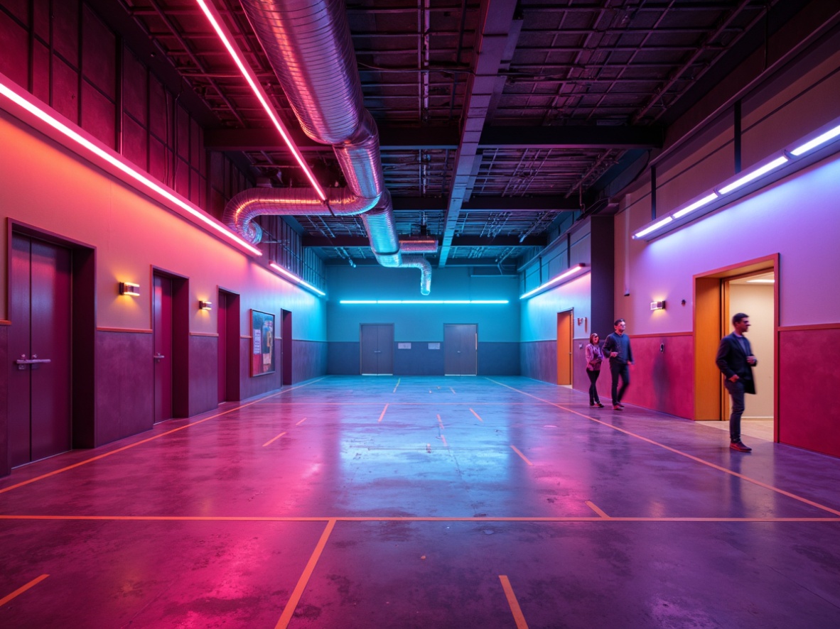 Prompt: Vibrant gymnasium interior, postmodernist architectural style, neon-lit corridors, exposed ductwork, industrial-chic lighting fixtures, metallic beams, polished concrete floors, bold color blocking, dynamic angular lines, futuristic LED strips, high-contrast dramatic shadows, softbox diffused light, atmospheric misty effects, 1/2 composition, low-angle heroic shot, cinematic moody ambiance, realistic reflections, detailed textures.