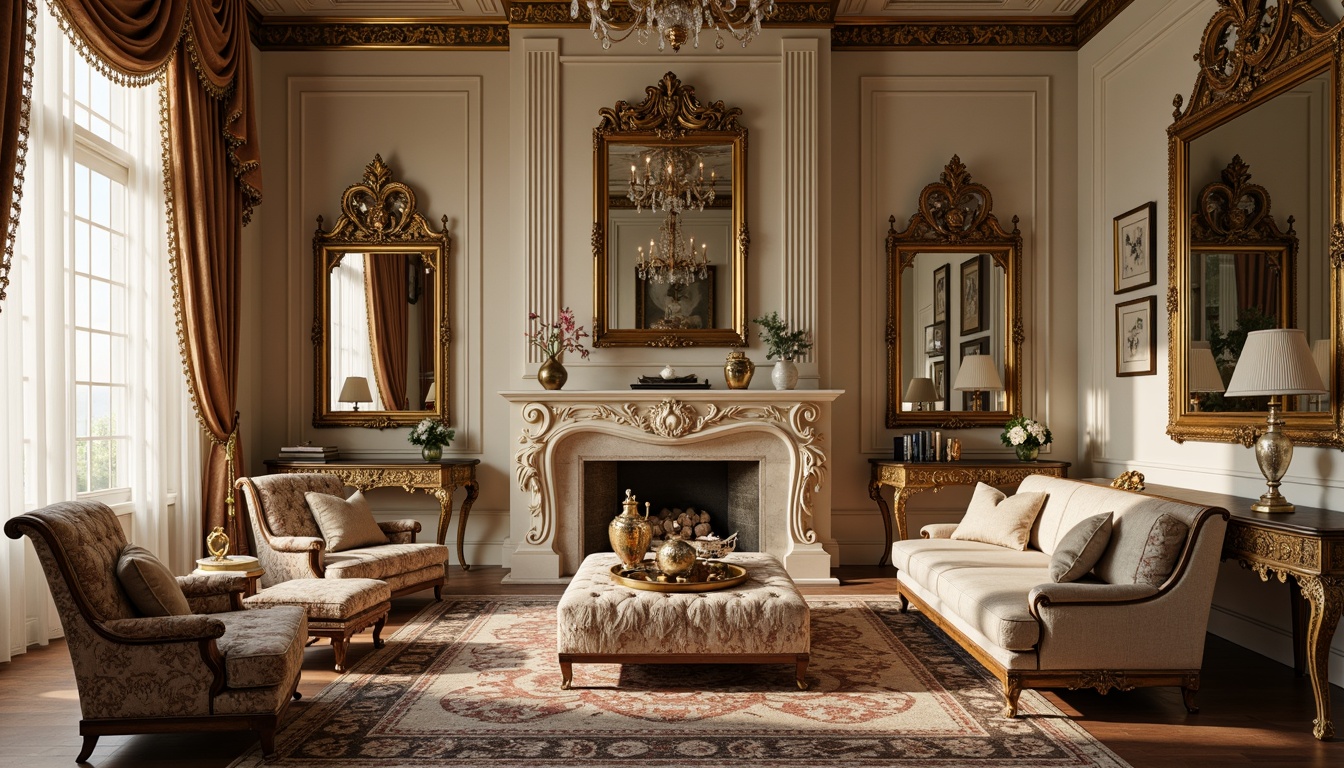 Prompt: Opulent Rococo-style living room, intricately carved wooden furniture, ornate gilded mirrors, lavish velvet upholstery, curvaceous silhouettes, distressed finishes, French provincial influences, soft golden lighting, warm beige tones, intricate patterns, delicate florals, cabriole legs, shell-shaped motifs, antique bronze hardware, tufted ottomans, ornamental consoles, luxurious fabrics, 3/4 composition, shallow depth of field, realistic textures.