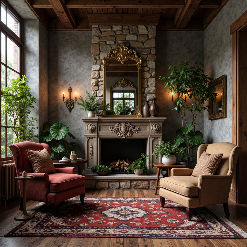 Prompt: Rustic wooden planks, distressed metal accents, rough-hewn stone walls, vibrant greenery, intricately patterned rugs, plush velvet upholstery, ornate golden fixtures, aged leather armchairs, vintage decorative artifacts, soft warm lighting, shallow depth of field, 3/4 composition, realistic textures, ambient occlusion.