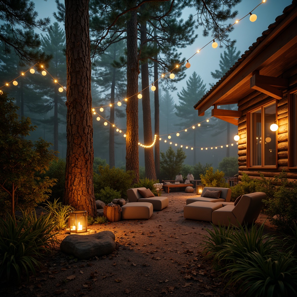 Prompt: Mystical forest, twinkling string lights, lanterns, warm candlelight, soft glowing orbs, atmospheric fog, misty evening, eerie silence, ancient trees, gnarled branches, rustic wooden cabins, cozy reading nooks, plush velvet furnishings, rich wood tones, warm beige colors, golden hour, softbox lighting, low-key illumination, subtle color grading, cinematic ambiance, 1/1 composition, shallow depth of field, realistic shadows.