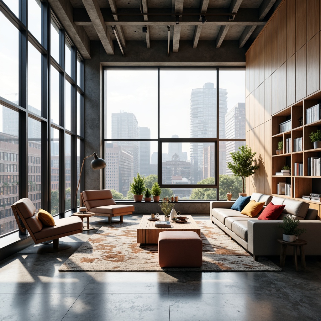 Prompt: Minimalist living room, sleek low-profile furniture, polished concrete floors, floor-to-ceiling windows, natural light pouring in, urban cityscape views, industrial-chic metal beams, modern geometric patterns, bold colorful accents, Scandinavian-inspired decor, functional modular shelving, hidden storage compartments, seamless smart home integration, soft ambient lighting, 1/1 composition, shallow depth of field, realistic textures.