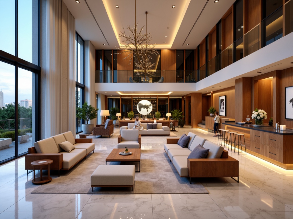 Prompt: Luxurious modern interior, streamlined furniture, high-gloss finishes, metallic accents, rich wood tones, polished marble floors, sleek chrome fixtures, ambient LED lighting, soft pastel hues, velvety textures, minimalist decor, geometric patterns, 3/4 composition, shallow depth of field, panoramic view, realistic reflections, subtle gradient effects.