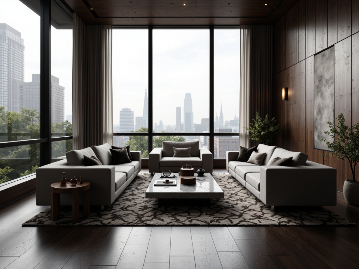 Prompt: Monochromatic modern interior, sleek streamline shapes, luxurious velvet sofas, metallic accents, geometric patterned rugs, minimalist coffee tables, floor-to-ceiling windows, urban city views, soft warm lighting, cinematic ambiance, shallow depth of field, 1/1 composition, realistic reflections, ambient occlusion, rich wood tones, sumptuous fabrics, bold artistic pieces, avant-garde decorative objects.