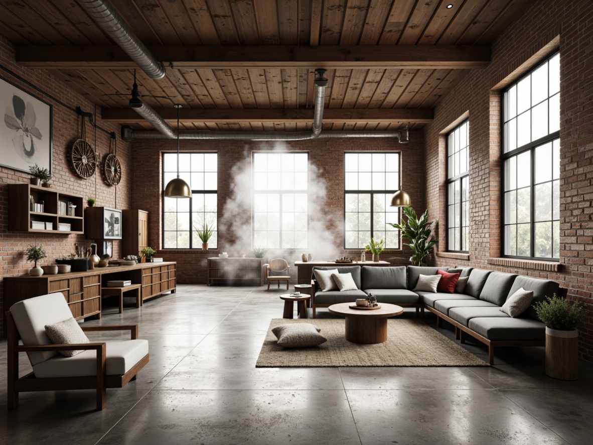 Prompt: Industrial warehouse, open space layout, Scandinavian minimalist style, reclaimed wood accents, exposed brick walls, metal beams, polished concrete floors, natural light pouring in, large windows, industrial chic decor, modern Nordic furniture, cozy textiles, warm ambient lighting, shallow depth of field, 1/1 composition, realistic textures, soft focus effect, atmospheric mist.