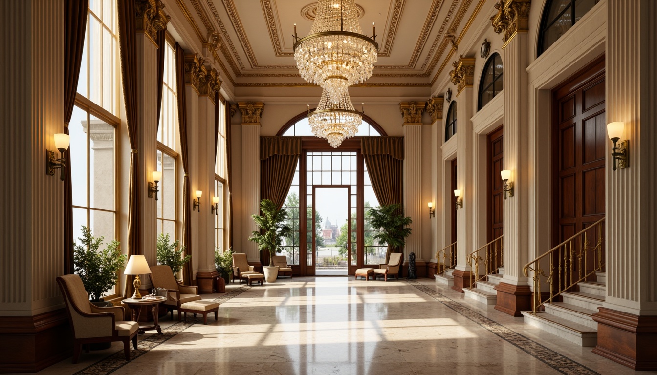 Prompt: Ornate neoclassical building, grand entrance hall, high ceilings, crystal chandeliers, marble flooring, intricate moldings, ornamental columns, luxurious furnishings, velvet drapes, golden accents, subtle lighting, warm beige tones, rich wood paneling, elegant staircases, refined architectural details, subtle texture overlays, 1/1 composition, soft focus effect.