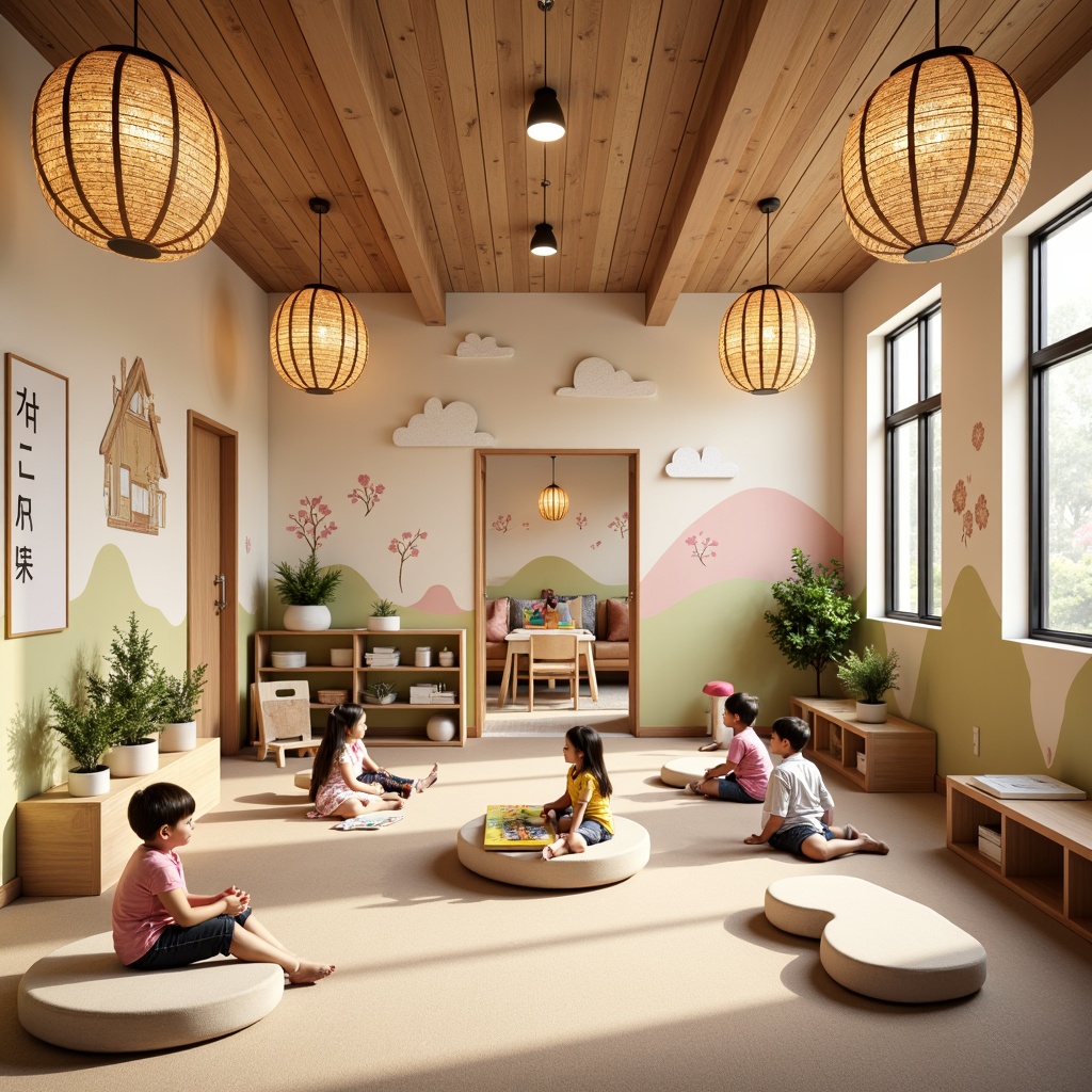 Prompt: Vibrant kindergarten interior, bold color scheme, playful Asian-inspired murals, natural wood accents, woven bamboo textures, rice paper lanterns, soft pastel hues, gentle diffused lighting, warm beige tones, subtle cherry blossom patterns, delicate kanji characters, traditional Shoji screens, sliding fusuma doors, tatami mats, minimalist furniture, cozy reading nooks, whimsical cloud-shaped decorations, lively wall decals, 1/2 composition, soft focus effect, warm ambient lighting.