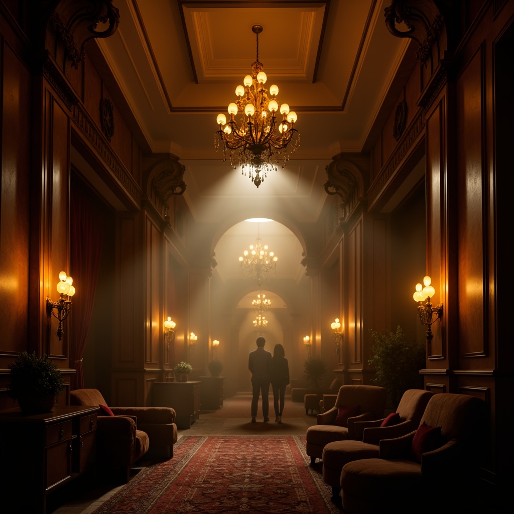 Prompt: Dramatic interior scene, low-key lighting, warm golden tones, subtle shadows, accentuated highlights, mysterious ambiance, dimly lit corridors, grand chandeliers, ornate candelabras, velvet drapes, luxurious fabrics, dark wood paneling, high ceilings, foggy mist, soft focus, cinematic composition, 2.35