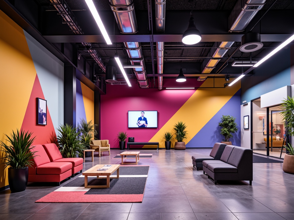 Prompt: Vibrant gymnasium interior, open space layout, postmodernism style, bold colorful walls, exposed ductwork, polished concrete floors, industrial metal beams, eclectic furniture arrangements, abstract artwork, geometric patterns, neon lighting accents, transparent glass partitions, functional fitness equipment, mirrored exercise areas, minimalist decor, atmospheric misting systems, shallow depth of field, 1/1 composition, wide-angle lens, realistic textures, ambient occlusion.