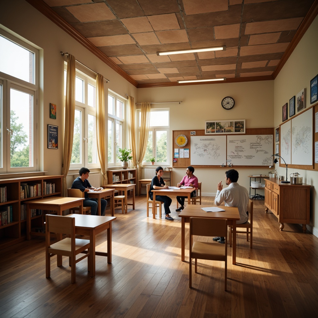 Prompt: Cozy classroom interior, wooden flooring, sound-absorbing panels, minimal reverberation, optimized seating arrangement, interactive whiteboards, educational posters, natural daylight, soft warm lighting, comfortable student chairs, teacher's desk, bookshelves, acoustic ceiling tiles, sound-dampening curtains, 1/1 composition, shallow depth of field, realistic textures, ambient occlusion.