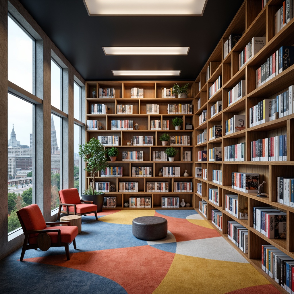 Prompt: Modern library interior, sleek shelving units, minimalist metal frames, wooden accents, soft warm lighting, comfortable reading nooks, plush carpets, vibrant colorful book spines, geometric patterns, ergonomic chairs, adjustable desks, natural stone walls, large windows, panoramic city views, 3/4 composition, realistic textures, ambient occlusion.