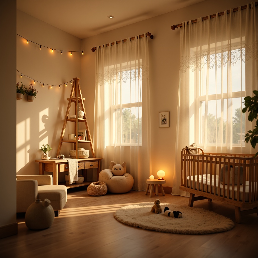 Prompt: Soft warm glow, gentle candlelight, cream-colored walls, plush toys, wooden crib, delicate lace curtains, pastel-colored furniture, comfortable reading nook, warm beige carpet, soothing color palette, calming ambiance, table lamps, floor lamps, string lights, warm white lighting, softbox lighting, shallow depth of field, 1/2 composition, intimate atmosphere.