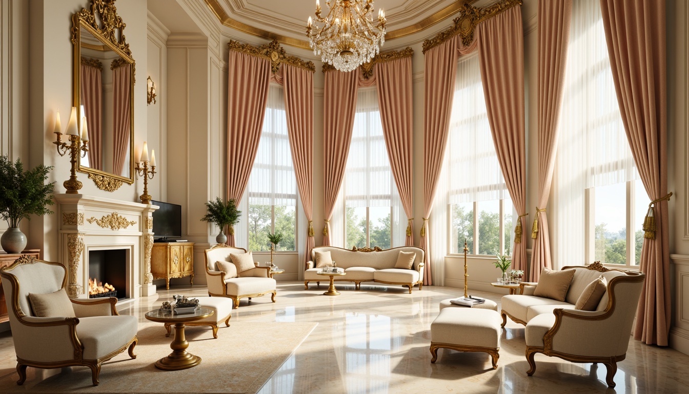 Prompt: Elegant Rococo interior, soft golden lighting, ornate furnishings, delicate curves, intricate carvings, luxurious fabrics, velvet drapes, satin upholstery, creamy marble floors, crystal chandeliers, pastel colors, pale pink accents, mint green highlights, ivory whites, warm beige tones, subtle sheen, high-contrast shading, detailed textures, realistic reflections, 1/1 composition, close-up shot, dramatic spotlighting.