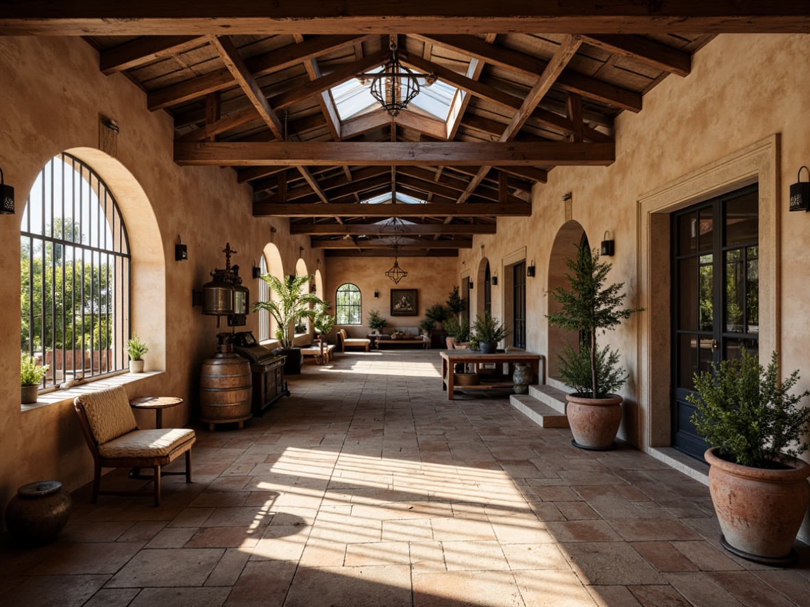 Prompt: Rustic factory building, Mediterranean-style arches, ornate ironwork, decorative tiles, earthy color palette, wooden beams, exposed brick walls, vintage machinery, distressed metal accents, natural stone flooring, potted olive trees, soft warm lighting, shallow depth of field, 3/4 composition, realistic textures, ambient occlusion.