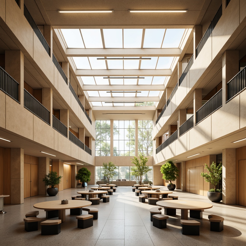 Prompt: Modern high school interior, open atrium, natural daylight, suspended ceiling lights, LED strip lighting, floor lamps, circular tables, collaborative learning spaces, acoustic panels, sound-absorbing materials, warm beige tones, soft diffused lighting, 1/1 composition, shallow depth of field, realistic textures, ambient occlusion.