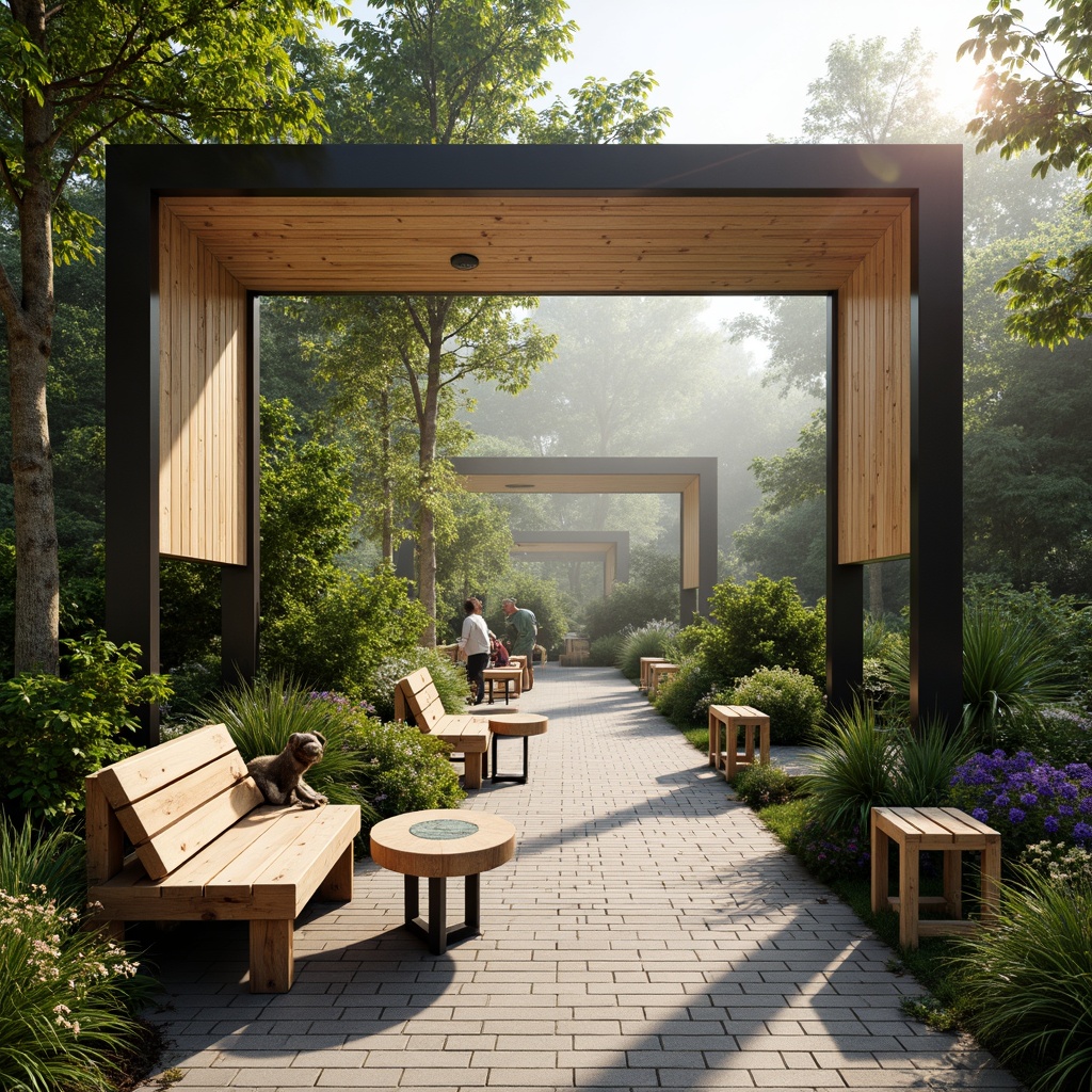 Prompt: Minimalist zoo furniture, sleek metal frames, natural wood accents, bold color blocking, abstract animal patterns, geometric shapes, simple clean lines, rustic wooden benches, modern steel chairs, recycled plastic tables, eco-friendly materials, abundant greenery, lush tropical plants, misty morning atmosphere, soft warm lighting, shallow depth of field, 1/1 composition, realistic textures, ambient occlusion.