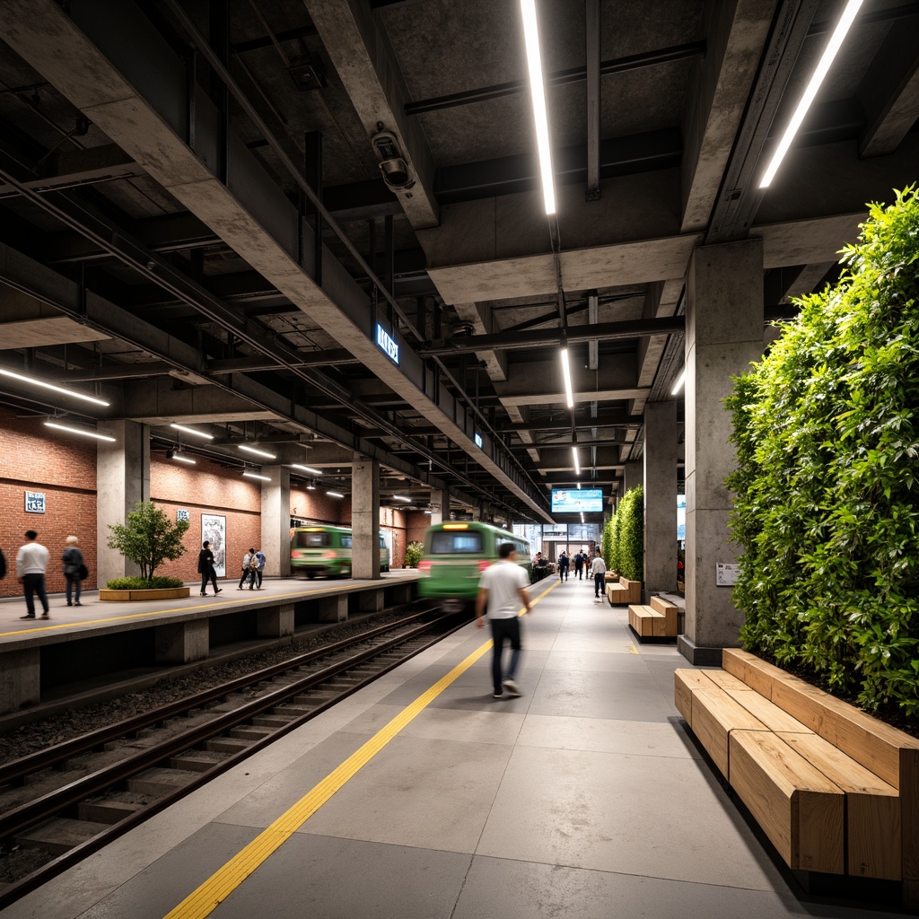 Prompt: Industrial metro station, exposed brick walls, metal beams, urban aesthetic, modern lighting fixtures, sleek benches, minimalist design, natural stone floors, greenery installations, living walls, urban jungle feel, bustling atmosphere, rush hour scenes, blurred motion effects, shallow depth of field, 1/2 composition, cinematic lighting, realistic textures, ambient occlusion.