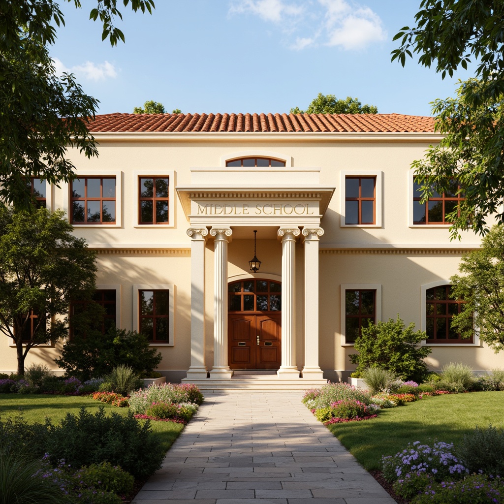 Prompt: Elegant middle school building, neoclassical architecture, warm beige stone fa\u00e7ade, soft cream-colored columns, rich brown wooden doors, vintage bronze hardware, subtle terracotta roof tiles, lush greenery, blooming flowers, natural stone walkways, tranquil courtyard, classical pediment, ornate moldings, refined lines, muted earth tones, warm golden lighting, shallow depth of field, 1/2 composition, realistic textures, ambient occlusion.