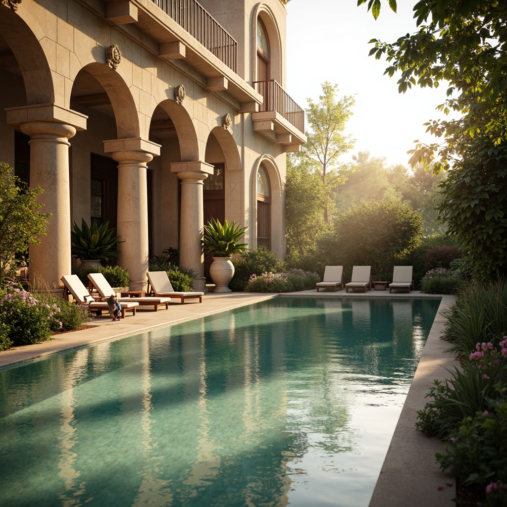 Prompt: Elegant poolside, serene water reflections, warm golden lighting, soft sunbeams, ornate stone carvings, classical columns, symmetrical architecture, lush greenery, blooming flowers, tranquil ambiance, subtle misting systems, warm beige stonework, inviting lounge chairs, refreshing cocktails, sunny afternoon, shallow depth of field, 1/1 composition, natural textures, ambient occlusion.