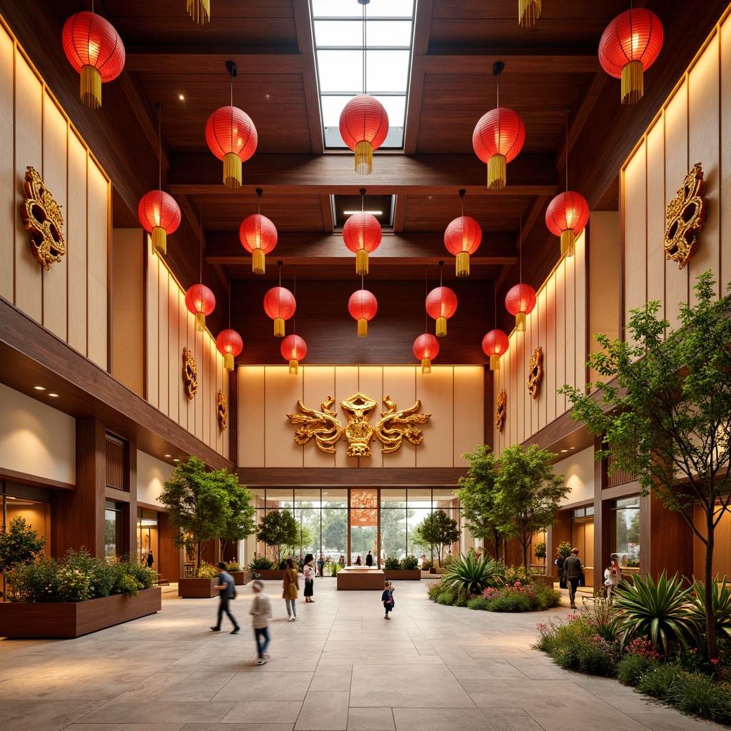 Prompt: Vibrant Asian-inspired distribution centers, warm beige walls, rich wood accents, bold red lanterns, golden dragon ornaments, intricate traditional patterns, lush greenery, natural stone flooring, modern minimalist lighting, soft warm ambiance, shallow depth of field, 3/4 composition, panoramic view, realistic textures, ambient occlusion.