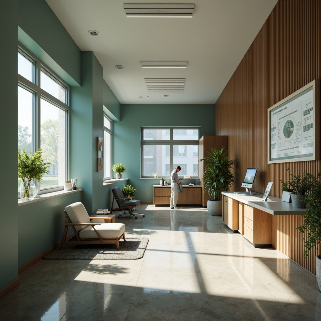 Prompt: Sophisticated clinic interior, calming blue-green color scheme, neutral beige tones, rich wood accents, minimalist furniture, sleek metal frames, educational diagrams, medical equipment displays, natural light pouring in, soft warm glow, subtle texture overlays, 1/1 composition, realistic reflections, ambient occlusion.Let me know if you need any adjustments!