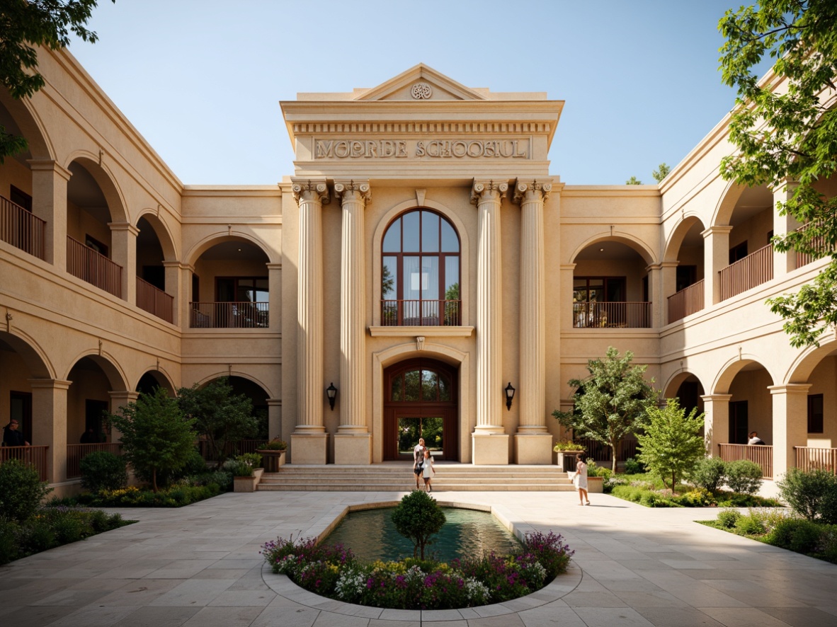 Prompt: Grandiose middle school, majestic columns, ornate capitals, symmetrical fa\u00e7ade, warm beige stone walls, elegant arches, intricate moldings, refined pilasters, sophisticated entranceways, polished bronze door handles, lush green courtyard, vibrant flowerbeds, tranquil water features, soft natural lighting, 1/1 composition, shallow depth of field, realistic textures, ambient occlusion.