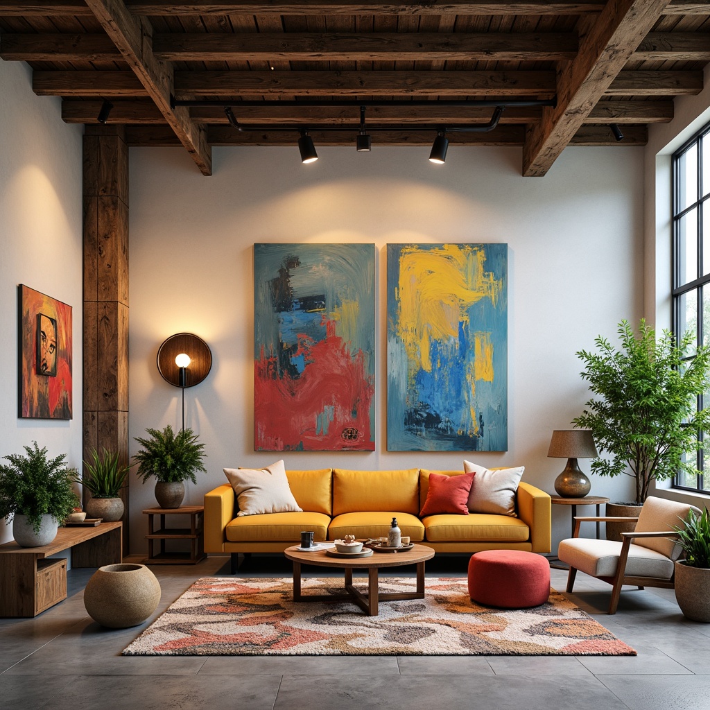 Prompt: Vibrant modern art studio, eclectic furniture pieces, bold brushstroke artworks, rich wood accents, warm track lighting, cozy atmosphere, pastel color walls, contrasting bright accents, textured rugs, industrial metal beams, sleek minimalist decor, natural stone flooring, abundant greenery, floor-to-ceiling windows, soft diffused light, 1/2 composition, realistic renderings.