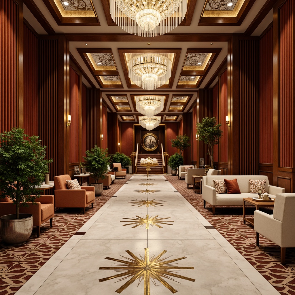 Prompt: Luxurious marble floors, metallic accents, ornate geometric patterns, velvet drapes, polished chrome fixtures, rich wood paneling, lavish crystal chandeliers, intricately carved furnishings, opulent fabrics, sunburst motifs, zigzag designs, bold typography, metallic leafing, gilded details, sophisticated color palette, warm golden lighting, shallow depth of field, 1/2 composition, cinematic view, high-contrast rendering, realistic reflections.